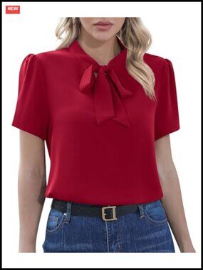 Women's Chiffon Blouse Short Sleeve Tie Neck Business Work Top